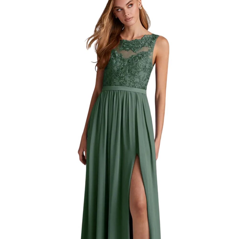 Azazie Green Lace Bodice Chiffon Gown with Side Slit
